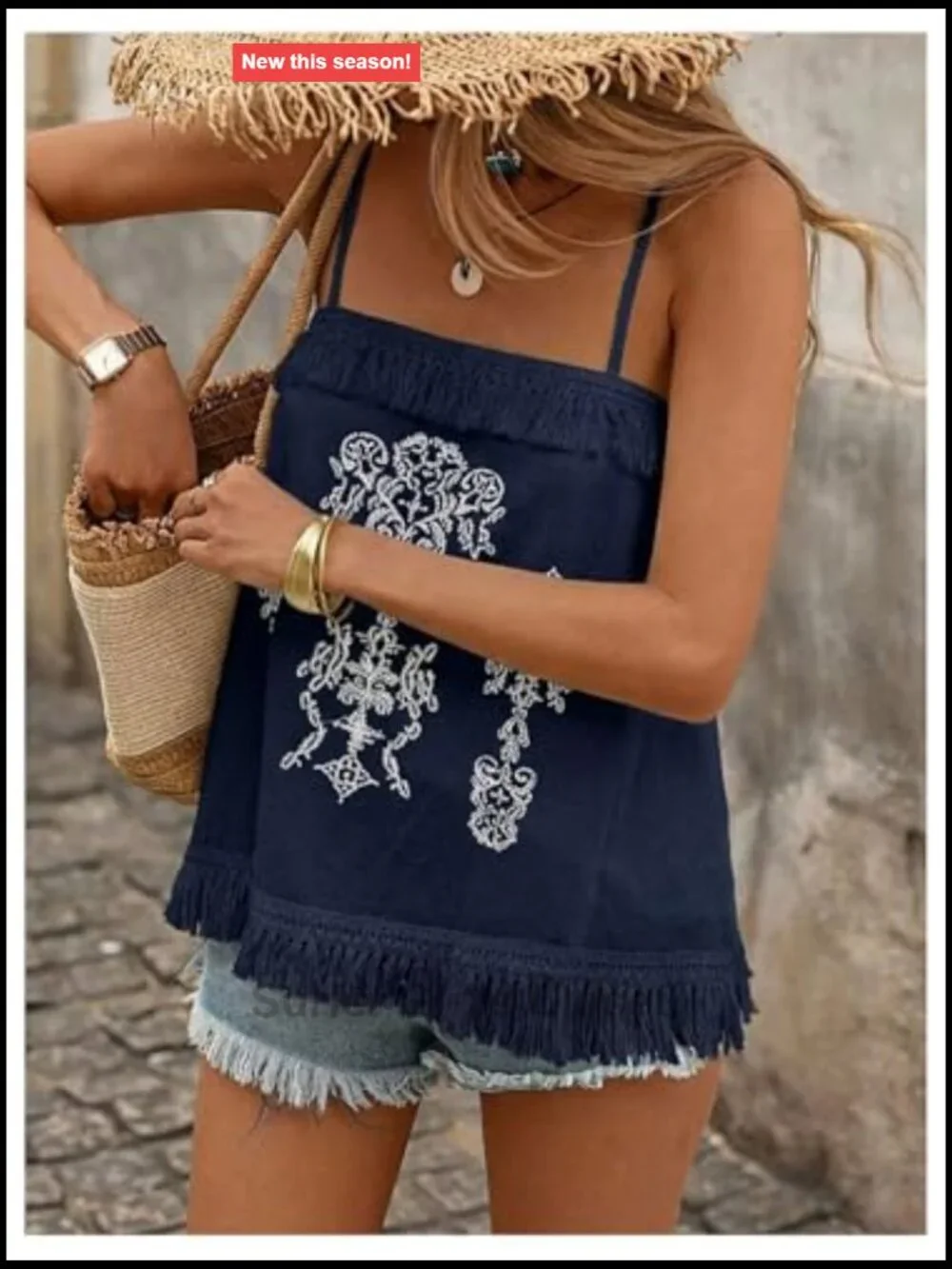 Boho Embroidered Sleeveless Cami Top Summer Vacation Spaghetti Strap